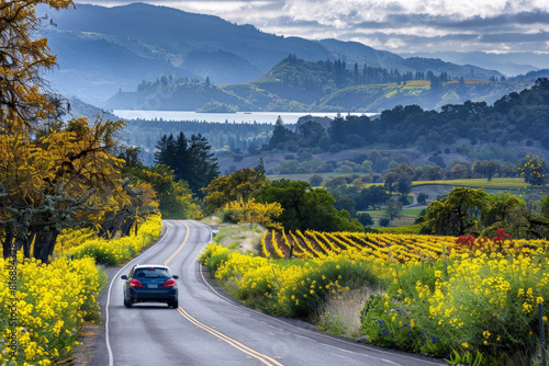 A car is seen driving down a road surrounded by vineyards and grapevines in a rural setting