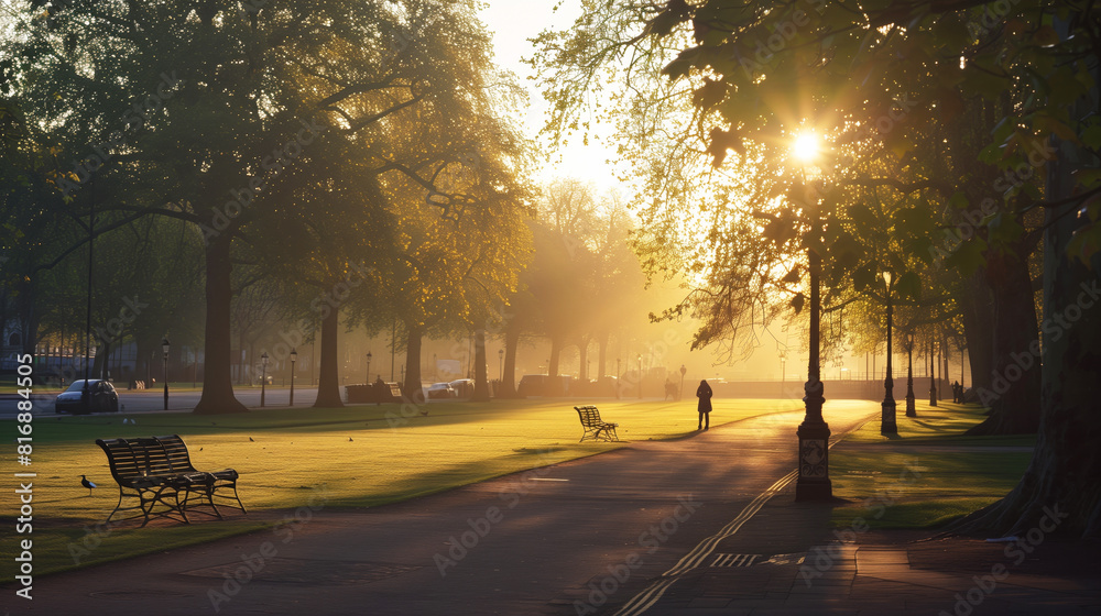 A serene park at sunrise, with sunlight filtering through tree leaves, illuminating a path with empty benches and a lone person walking.