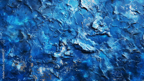 Abstract blue textured surface with rough, uneven patterns and scattered specks. The image features a deep, dark blue palette with subtle hints of lighter blue and brown speckles. photo