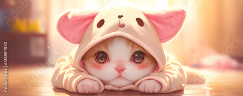 Cute cats wearing anime onesie dog costume background. photo