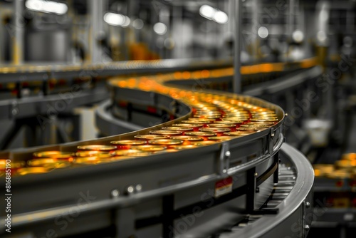Conveyor belt with canned drinks in selective color in a modern manufacturing plant