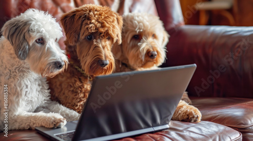 Three adorable dogs sitting closely on a leather sofa and attentively looking at a laptop screen as if they are watching something together. photo