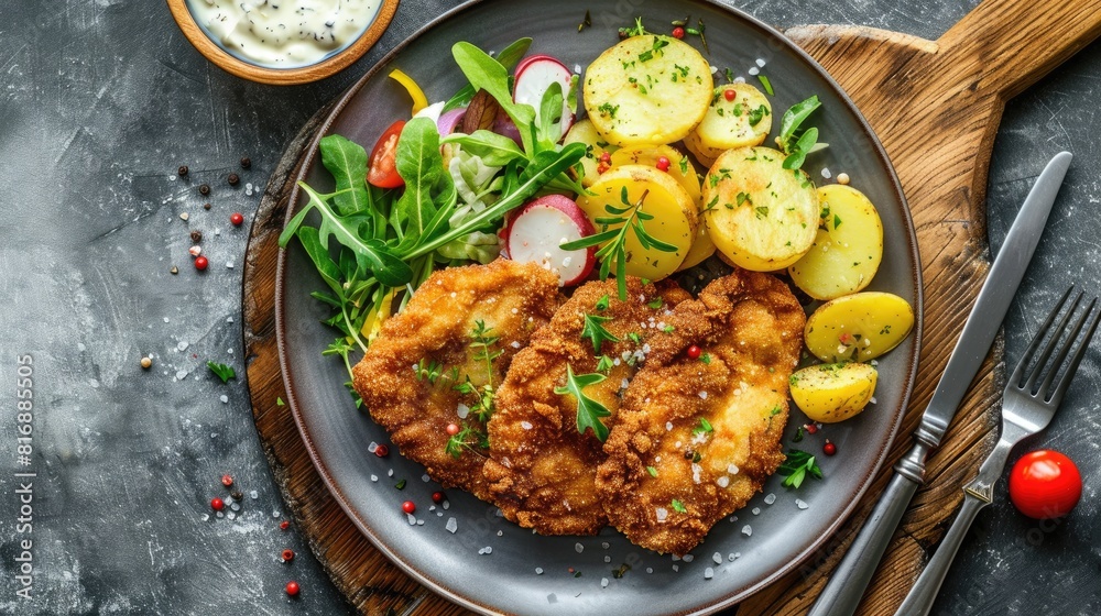 Fototapeta premium Breaded pork cutlet served with potatoes and side salad