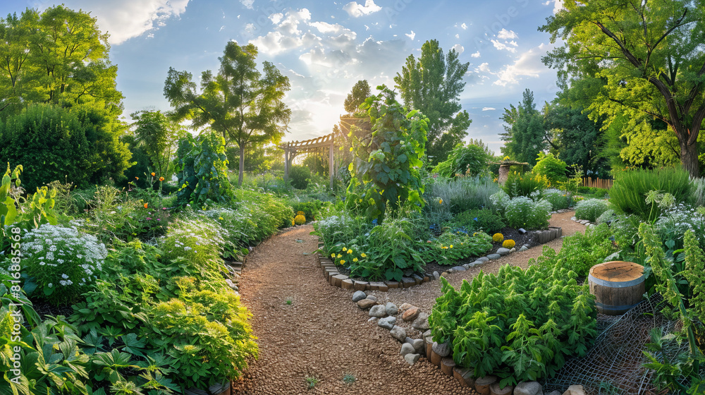 A garden with a winding path leading through lush greenery, with tall trees in the background providing shade and structure to the landscape A garden with a winding path leading through lush greenery, with tall trees in the background providing shade and structure to the landscape