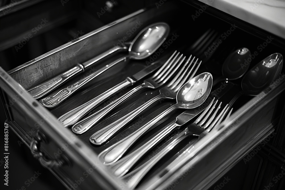 close up of cutlery in a black drawer, forks, spoons, knifes close up of cutlery in a black drawer, forks, spoons, knifes