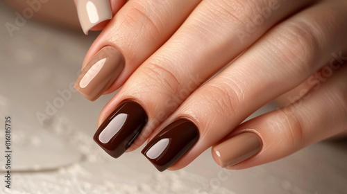 hand with a brown and white nail polish design