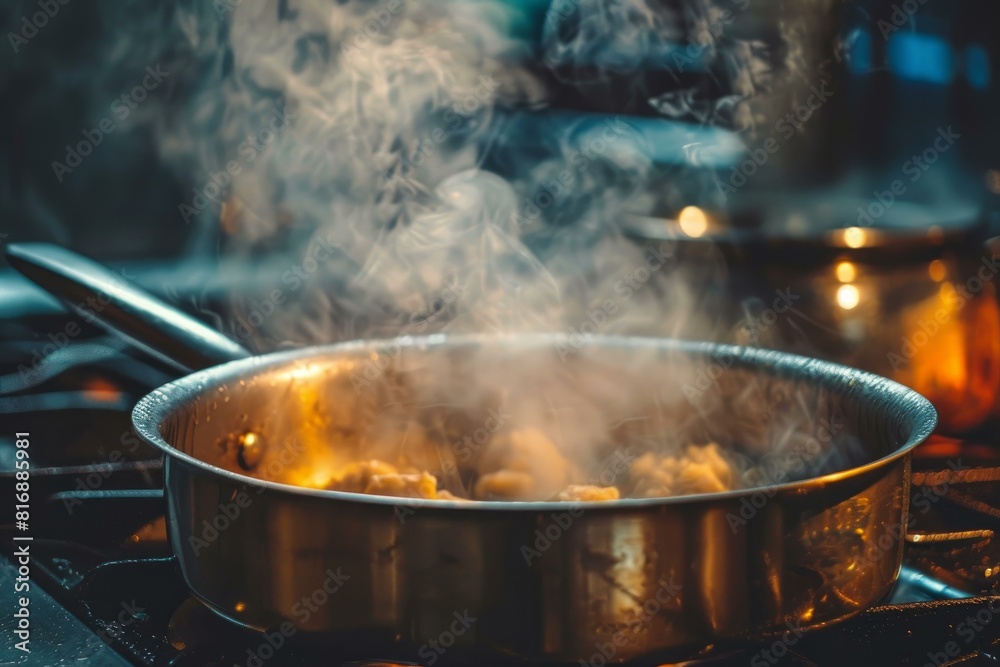 Hot pan emits steam while cooking food on a dark, atmospheric kitchen background Hot pan emits steam while cooking food on a dark, atmospheric kitchen background
