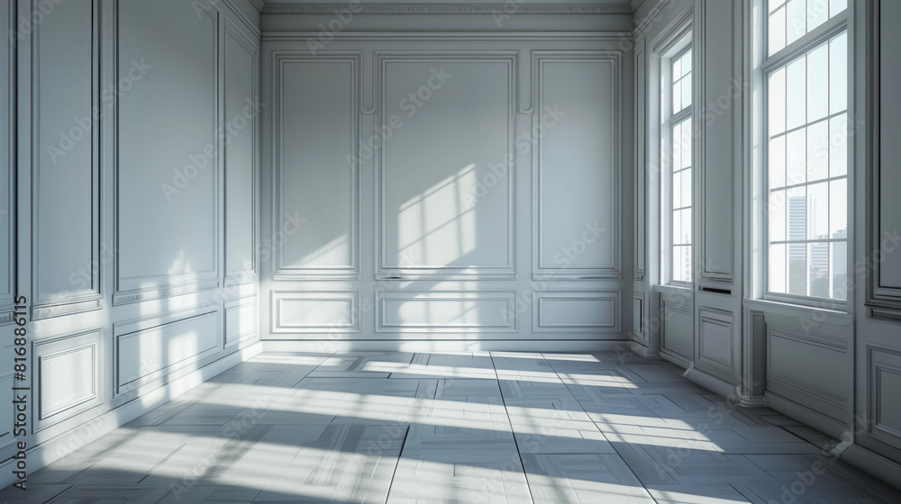 Elegant empty room with classic wall paneling and large windows casting shadows on a wooden floor. Elegant empty room with classic wall paneling and large windows casting shadows on a wooden floor.