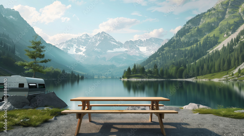A tranquil mountain lake scene featuring a wooden picnic table in the foreground, alongside a parked RV. Pine-covered mountains and snow-capped peaks are reflected in the calm water. A tranquil mountain lake scene featuring a wooden picnic table in the foreground, alongside a parked RV. Pine-covered mountains and snow-capped peaks are reflected in the calm water.