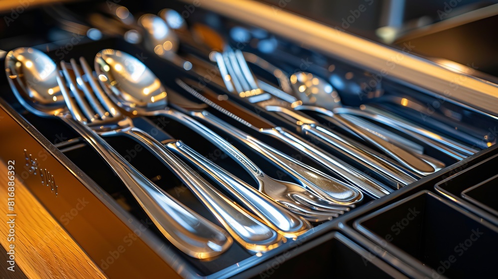 close up of cutlery in a black drawer, forks, spoons, knifes close up of cutlery in a black drawer, forks, spoons, knifes