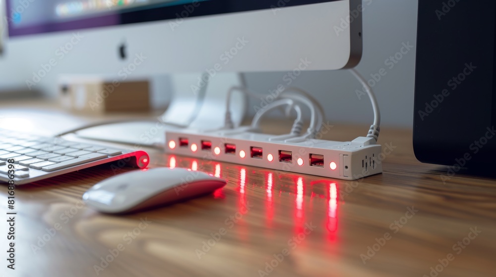Power Strip with Multiple Outlets on a Wooden Desk Power Strip with Multiple Outlets on a Wooden Desk