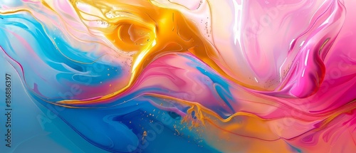 Colorful abstract painting with bright pink, blue and yellow swirls.