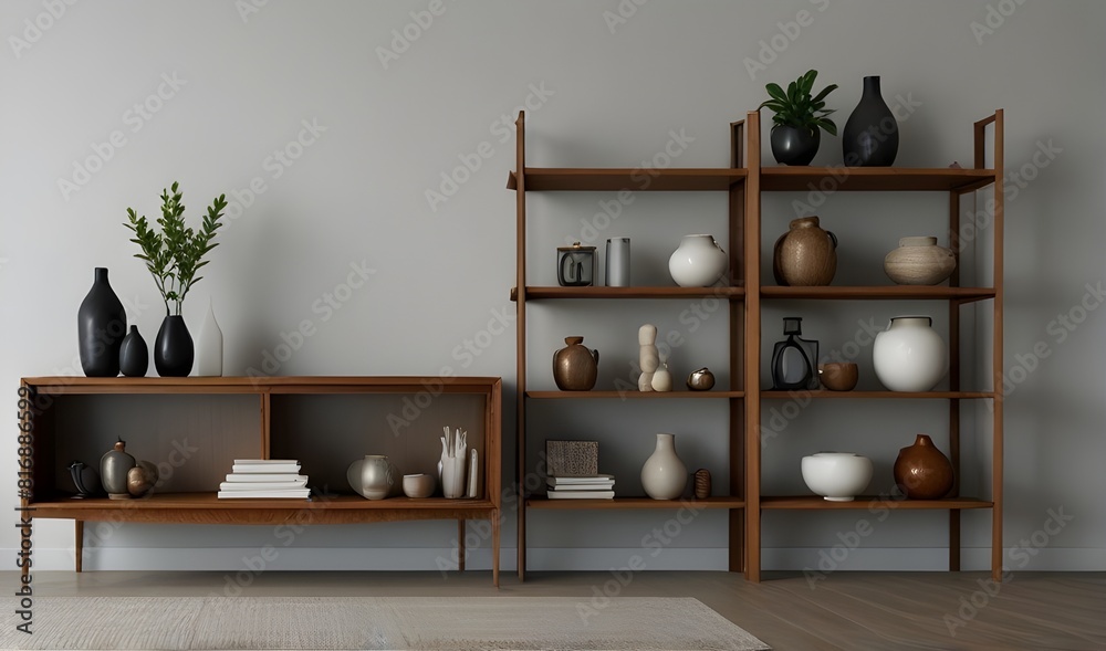 Fototapeta premium Wooden shelves. White wall. Ideas for DIY and decoration.