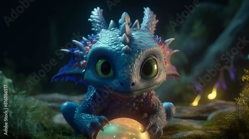 Image of a cute purple dragon. Cute dragon incubating eggs. Cute dragon on the background of the forest.