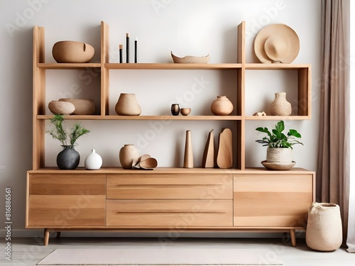 Wooden shelves. White wall. Ideas for DIY and decoration. © manuel
