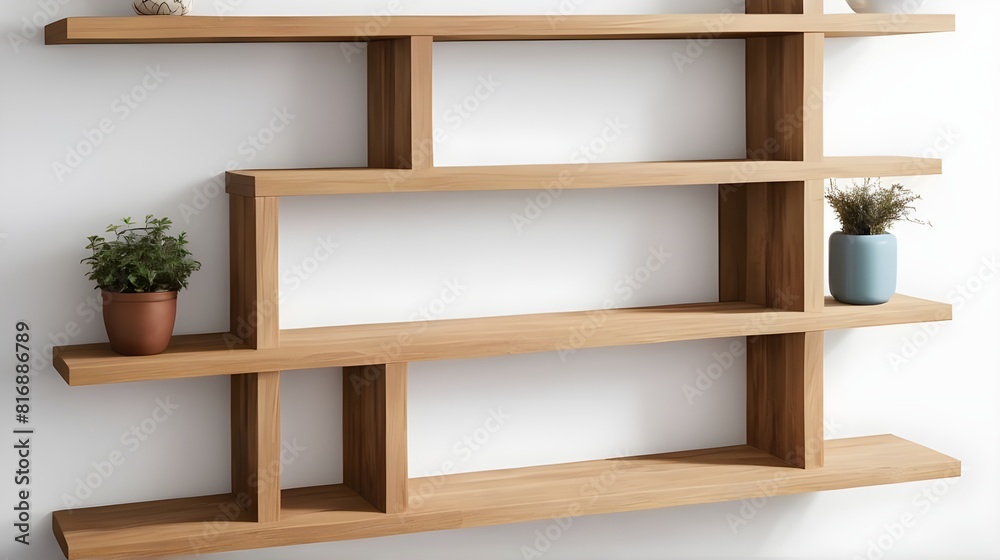 Fototapeta premium Wooden shelves. White wall. Ideas for DIY and decoration.