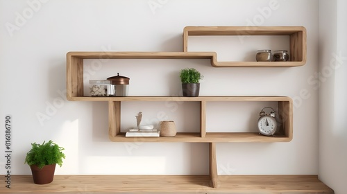 Wooden shelves. White wall. Ideas for DIY and decoration.