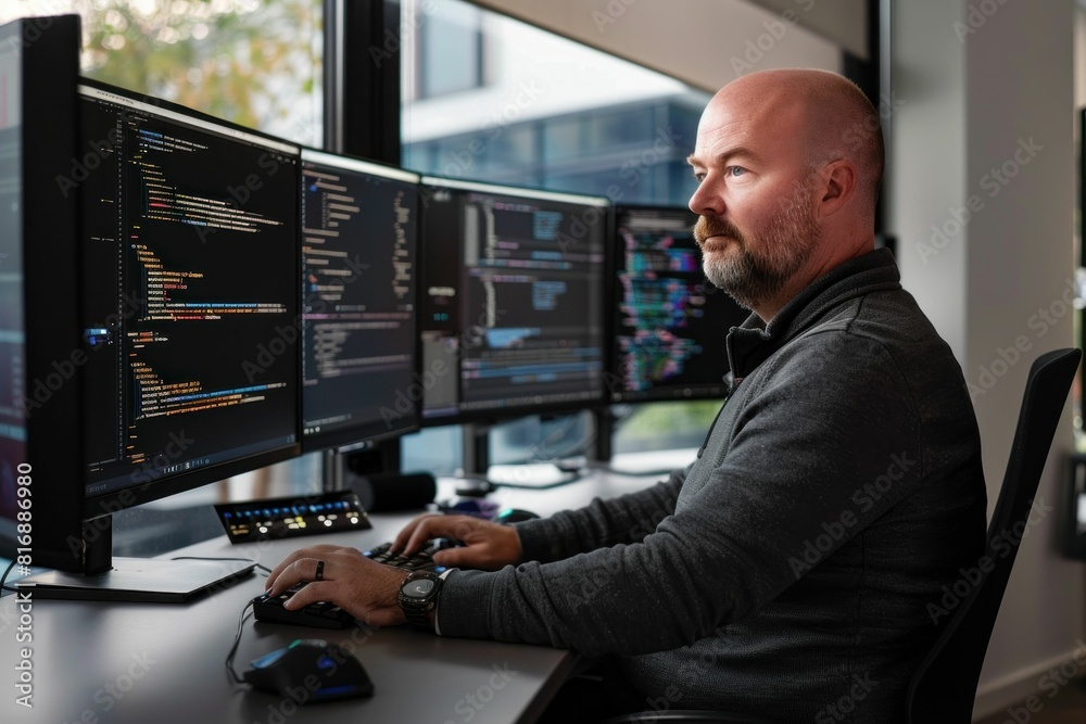Modern technology bald man coding on three monitors at desk in office with focus on business programming Modern technology bald man coding on three monitors at desk in office with focus on business programming