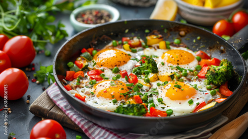 A skillet filled with sunny-side-up eggs, surrounded by colorful saut꧃攀搀 瘀攀最攀琀愀戀氀攀猀 猀甀挀栀 愀猀 戀攀氀氀 瀀攀瀀瀀攀爀猀Ⰰ 瀀攀愀猀Ⰰ 愀渀搀 戀爀漀挀挀漀氀椀⸀ 䘀爀攀猀栀 琀漀洀愀琀漀攀猀 愀渀搀 栀攀爀戀猀 愀爀攀 猀攀攀渀 椀渀 琀栀攀 戀愀挀欀最爀漀甀渀搀⸀�