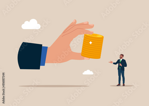 Big businessman hand give stacks of coins. Modern vector illustration in flat style