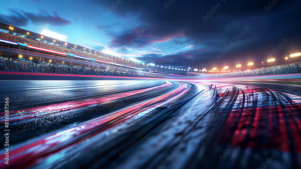 Obraz premium Dramatic Night Scene at Race Track with Spectators Under Sports Lights