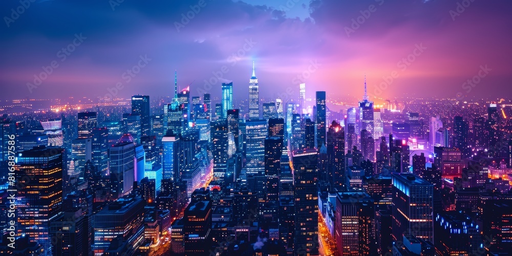 Fototapeta premium A vibrant city skyline at night, illuminated with skyscrapers and street lights