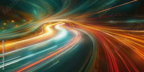 A surreal scene of a highway where light trails bend and twist in impossible ways, creating a dreamlike, otherworldly atmosphere