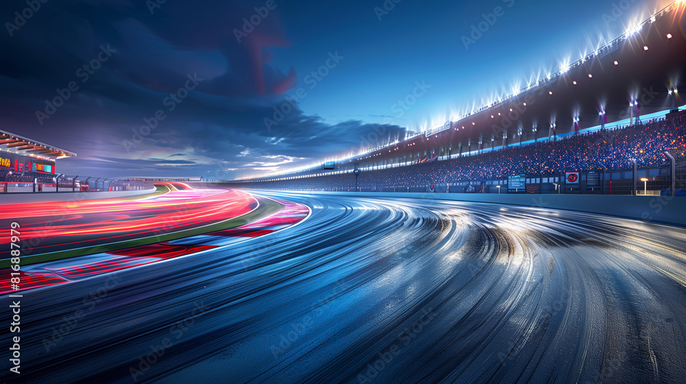 Dramatic Night Scene at Race Track with Spectators Under Sports Lights