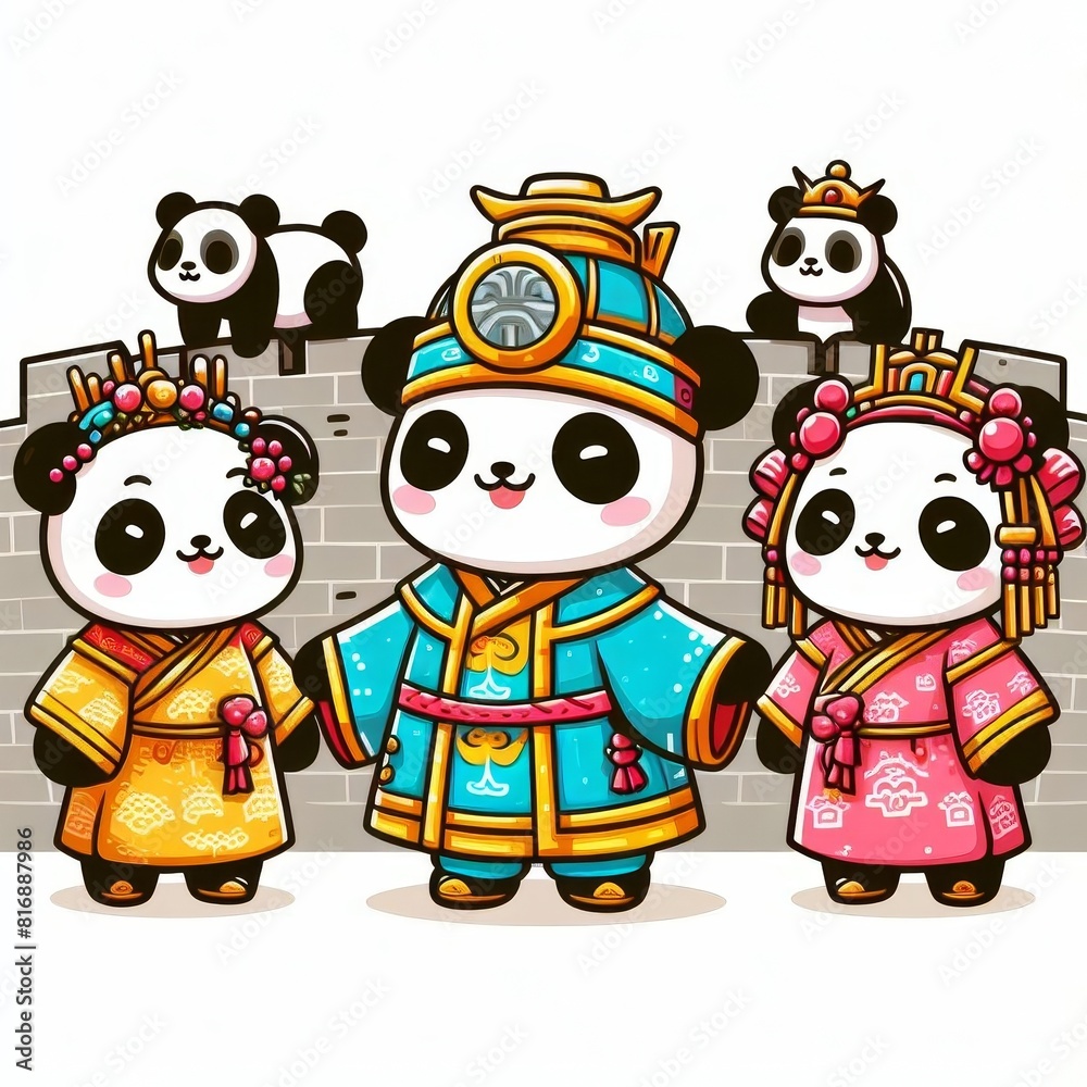 The panda characters are smiling and appear to be posing for a picture