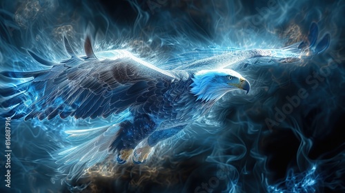 Digital art of a blue American bald eagle emitting smoke