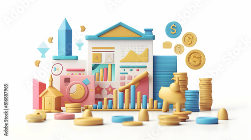 3D Flat Cartoon: Interest Rate Chart for Financial Analysis Economic Trends on White Background Ideal for Finance and Economic Themed Content Detailed Illustration for Invest