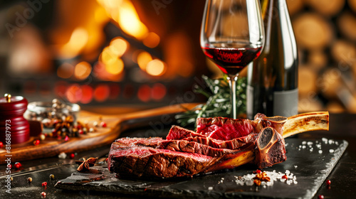 A perfectly cooked tomahawk steak served on a slate board  accompanied by a glass of red wine  with a cozy fireplace in the background.