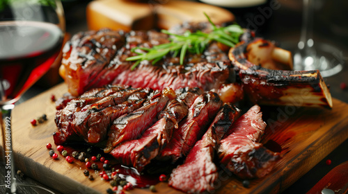 Close-up of a juicy, medium-rare grilled steak with a bone served on a wooden cutting board, garnished with herbs and spices, accompanied by a glass of red wine.