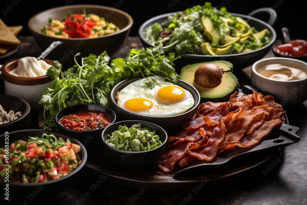 A brunch spread with a variety of dishes, including eggs, bacon, pastries, and fresh fruit A brunch spread with a variety of dishes, including eggs, bacon, pastries, and fresh fruit