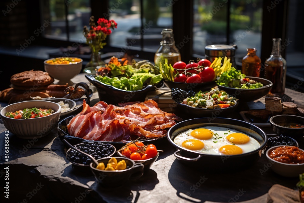 A brunch spread with a variety of dishes, including eggs, bacon, pastries, and fresh fruit