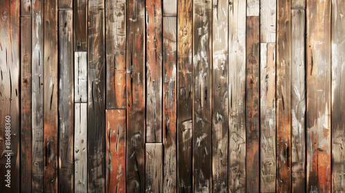 Background image of a rustic wooden wall made from weathered, multi-colored planks with various textures and visible grain patterns. photo