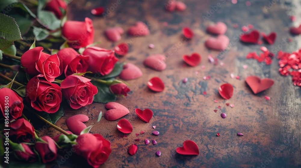 Red roses and heart petals on rustic wood background for Saint Valentine's day wedding or birthday celebration Red roses and heart petals on rustic wood background for Saint Valentine's day wedding or birthday celebration