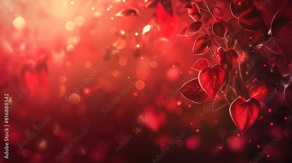 Shimmering red heart shaped leaves on a branch on bokeh lights background for Saint Valentine's day wedding or birthday celebration Shimmering red heart shaped leaves on a branch on bokeh lights background for Saint Valentine's day wedding or birthday celebration