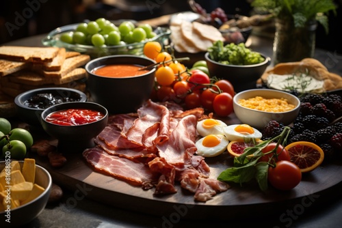 A brunch spread with a variety of dishes, including eggs, bacon, pastries, and fresh fruit photo