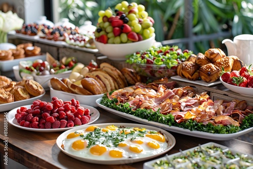 A brunch spread with a variety of dishes  including eggs  bacon  pastries  and fresh fruit