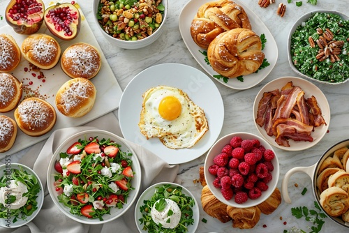 A brunch spread with a variety of dishes, including eggs, bacon, pastries, and fresh fruit