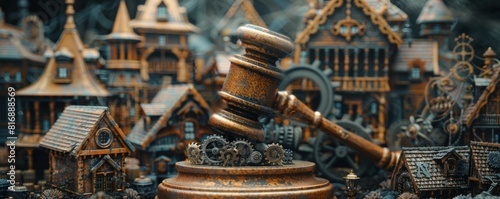 A steampunk gavel with gears and cogs, against a backdrop of Victorianstyle miniature houses photo