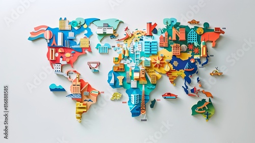 A vibrant world map made of colorful paper, hanging on a stark white wall