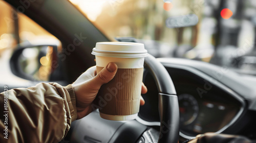 Close-up of a hand holding a takeaway coffee cup inside a car, showcasing a busy street in the background.