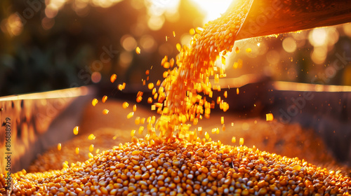 Golden corn kernels being poured from a chute into a storage container, captured in warm natural light, symbolizing harvest and agriculture.