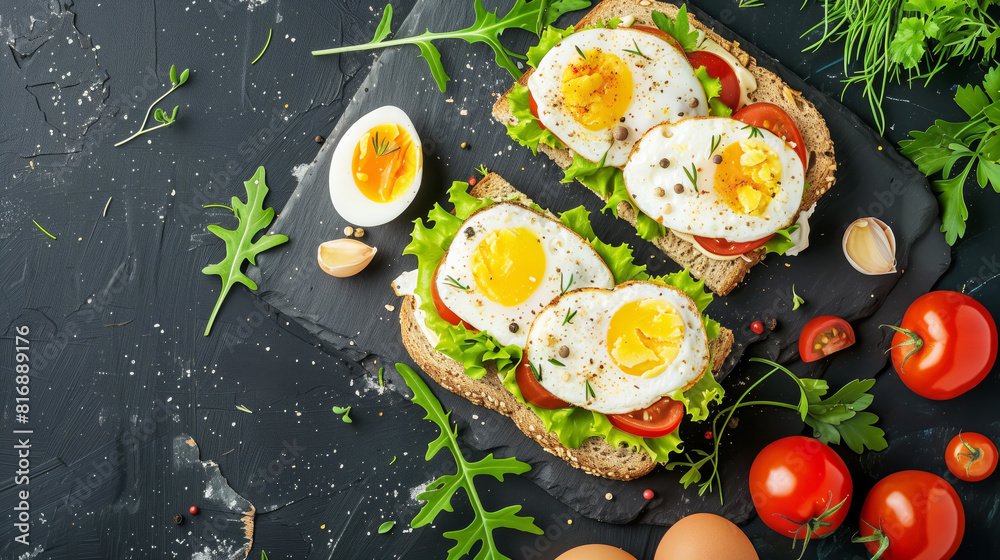 Top view of delicious breakfast toasts topped with fried eggs, lettuce, and tomato slices on a dark slate background surrounded by fresh vegetables and herbs. Top view of delicious breakfast toasts topped with fried eggs, lettuce, and tomato slices on a dark slate background surrounded by fresh vegetables and herbs.
