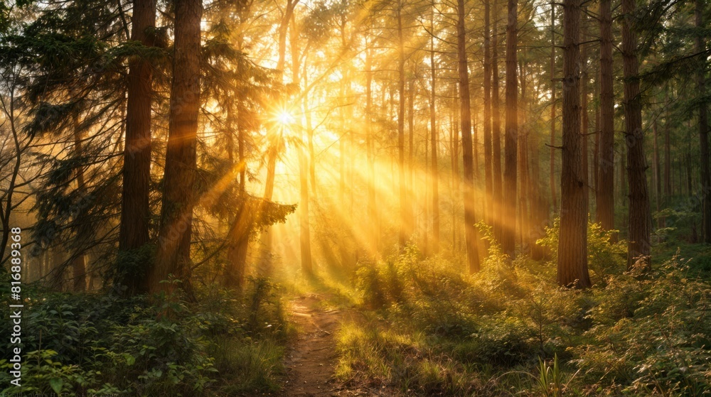 Sunset in the forest with sun rays passing through the trees.