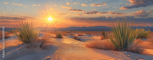 A serene desert landscape with sand dunes, cacti, and a setting sun