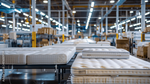 Interior of a large modern factory with multiple mattresses on assembly lines  illuminated by bright industrial lighting and surrounded by boxes and machinery.