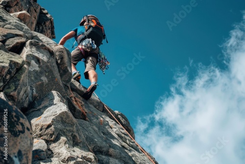 Adventure seeker climbing a rugged mountain with a backpack and rope in hand, journeying towards the summit